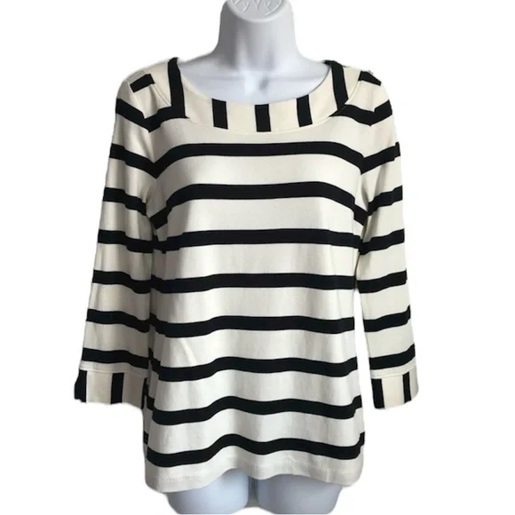 🔴 4/$15 Talbots Women’s S Black & Ivory Stripe Cotton 3/4 Sleeve Knit Top in EUC - Picture 1 of 14